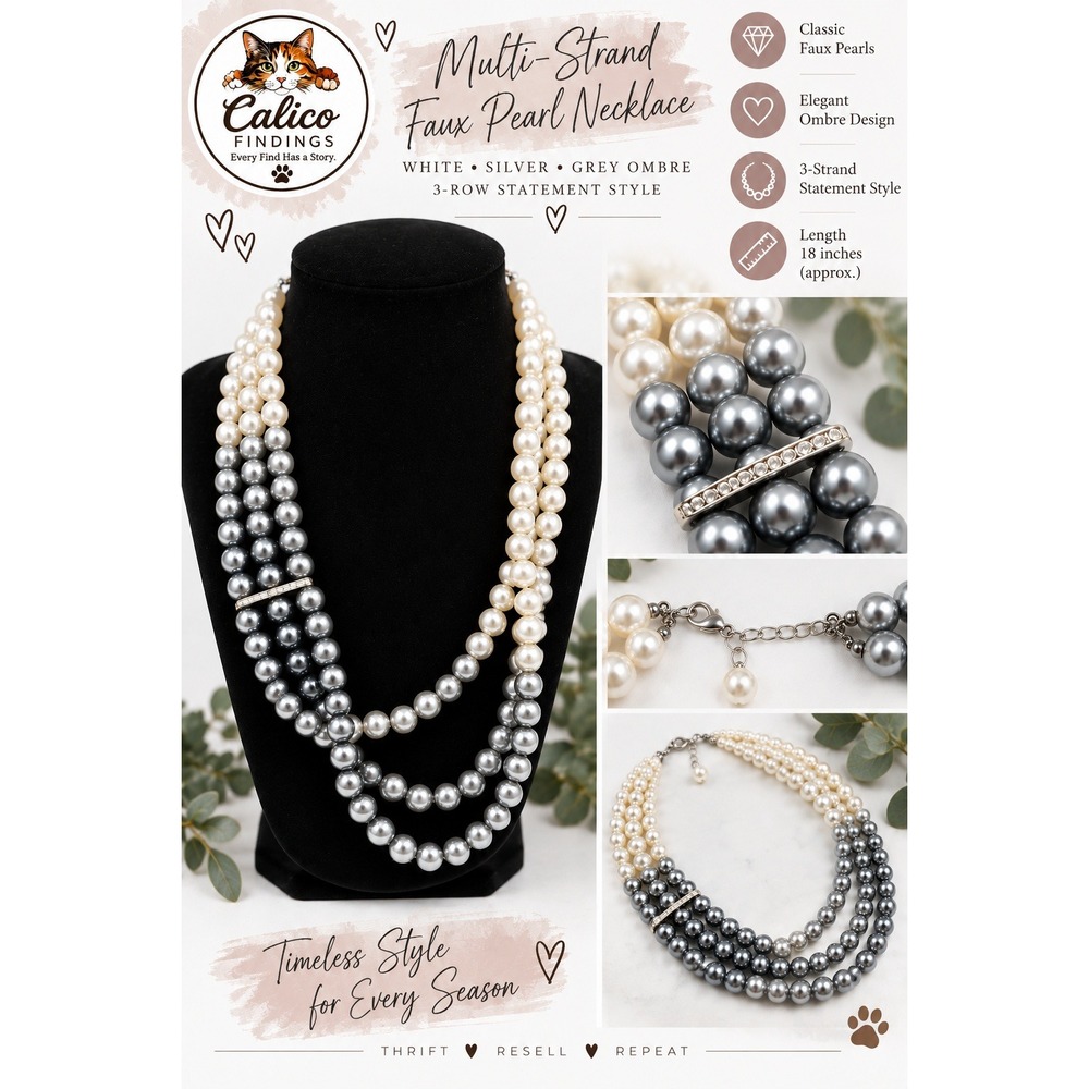 Multi-Strand Faux Pearl Necklace White Silver Grey Ombre 3-Row Statement 18in